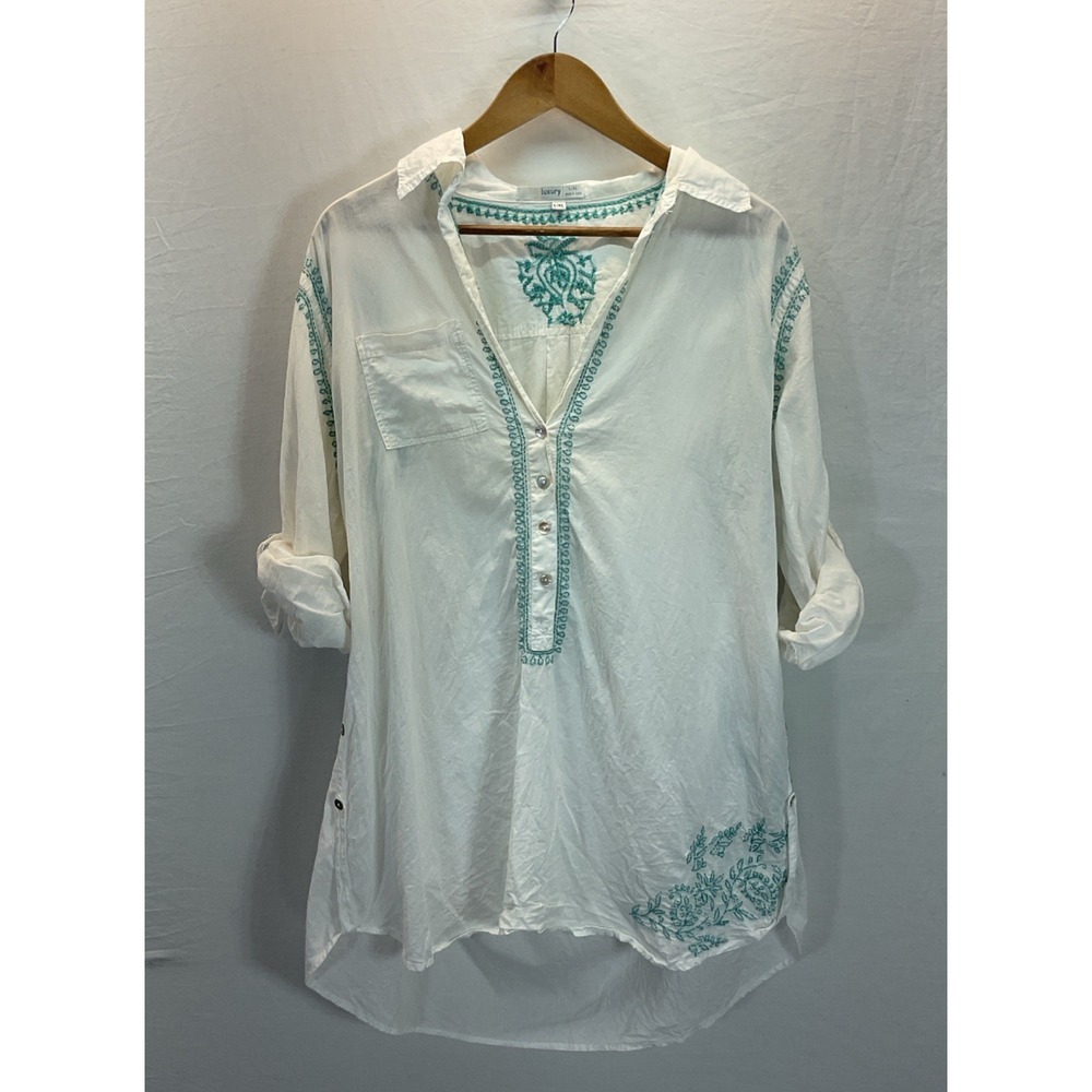 SUBTLE LUXURY Blouse Womens L/XL Embroidered Tunic Cover Up Shirt Popover Beach